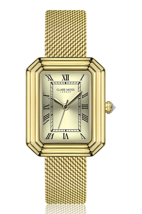 Clare Moss, Ceas dreptunghiular cu curea tip plasa din otel inoxidabil, Auriu