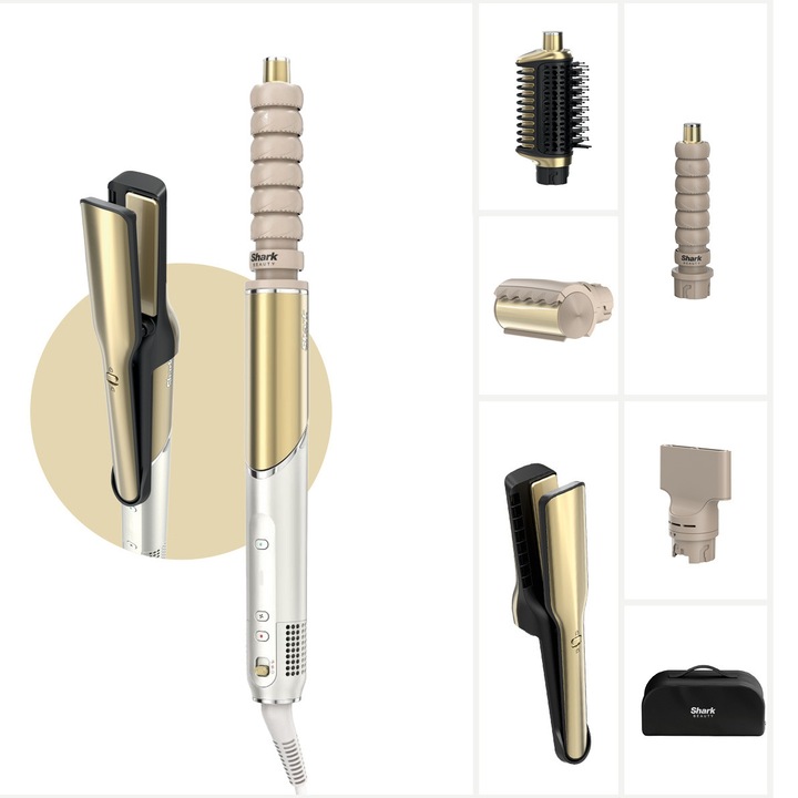 Маша за коса 6-in-1 Glam™ Ceramic HD6051SEU, Керамична преса Silki с горещ въздух, Маша Coanda, Четка Glossi за обем, Сешоар, 6 режима на стилизиране за мокра/суха коса, Златист/Бял