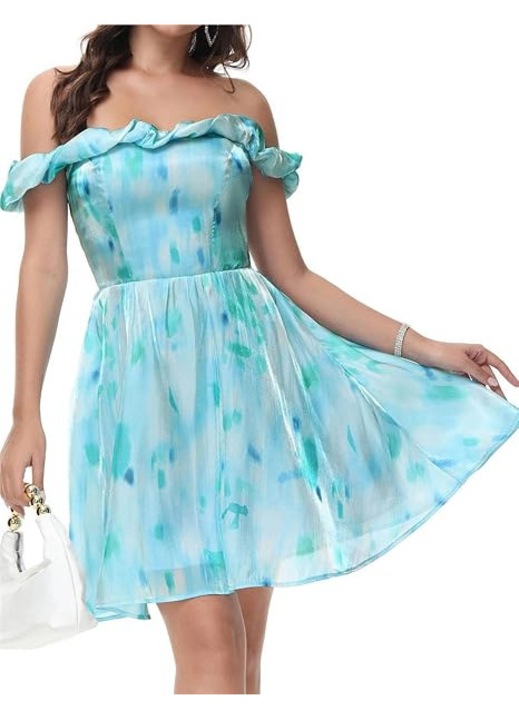 Rochie de vara peste genunchi cu maneci lungi, albastra, Albastru