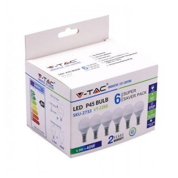 LED lámpa, égő, kis gömb, E14 foglalat, 4.5 Watt, természetes fehér, 6 darabos csomag