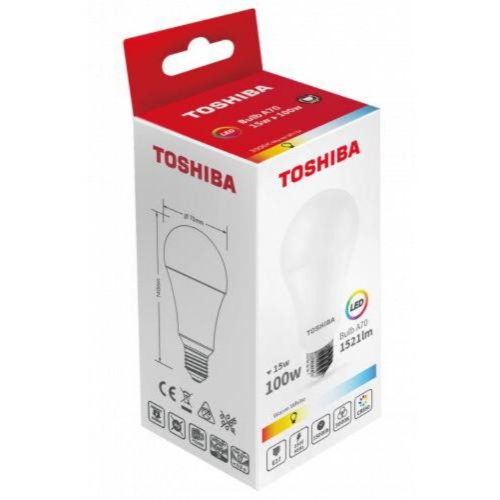 LED lámpa, égő, körte, E27 foglalat, 15 Watt, 180°, meleg fehér, TOSHIBA, 5 év garancia