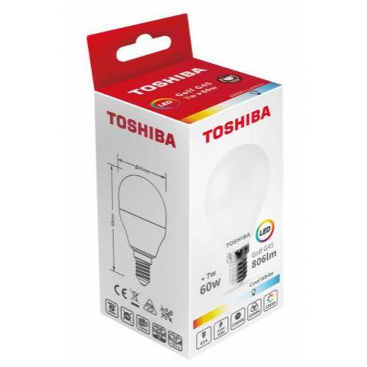 LED lámpa, égő, kisgömb, E14 foglalat, 7 Watt, 180°, hideg fehér, TOSHIBA, 5 év garancia