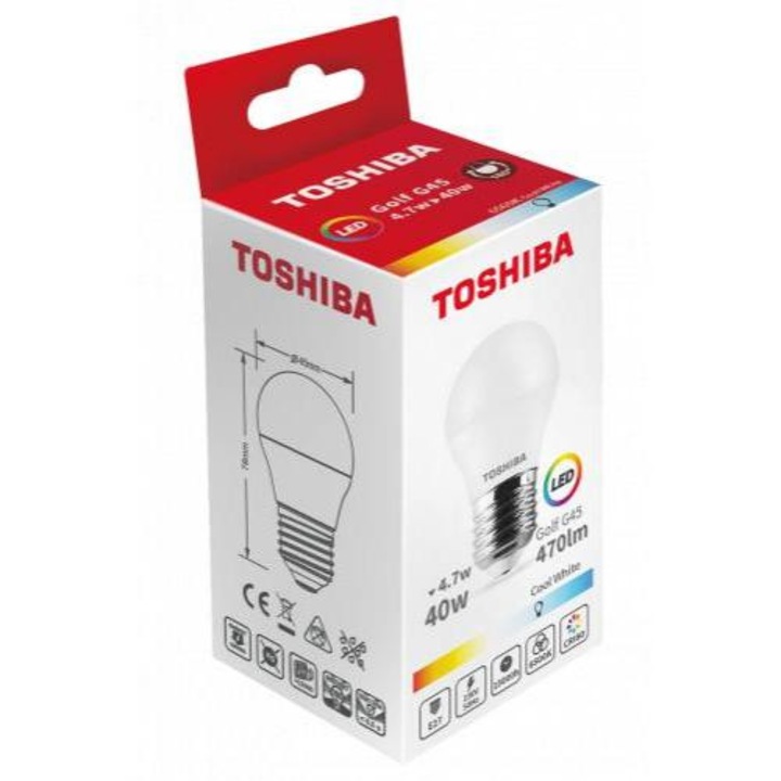 LED lámpa, égő, kisgömb, E27 foglalat, 4.7 Watt, 180°, hideg fehér, TOSHIBA, 5 év garancia