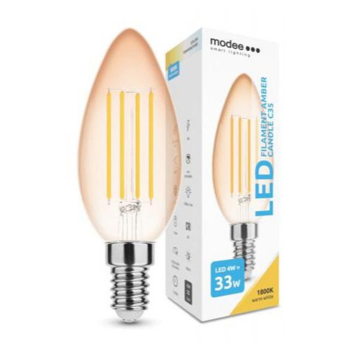 LED lámpa, égő, izzószálas hatás, filament, E14 foglalat, C35, Edison, 4 Watt, meleg fehér, 1800K, borostyán sárga