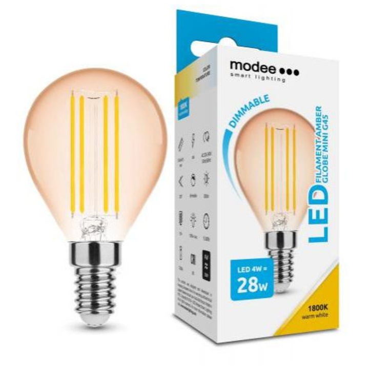 LED lámpa, égő, izzószálas hatás, filament, E14 foglalat, G45, 4 Watt, dimmelhető, meleg fehér, 1800K, borostyán sárg