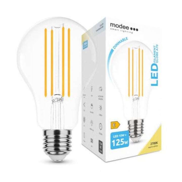 LED lámpa, égő, izzószálas hatás, filament, E27 foglalat, A70, 15 Watt, meleg fehér, 2000 lumen, dimmelhető, Modee