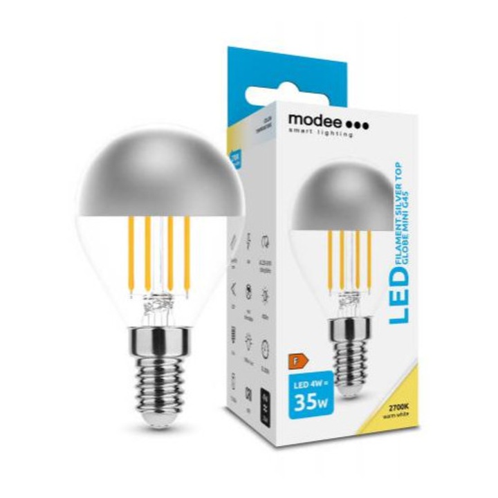 LED lámpa, égő, izzószálas hatás, filament, E14 foglalat, P45, 4 Watt, meleg fehér, Silver Top, Modee
