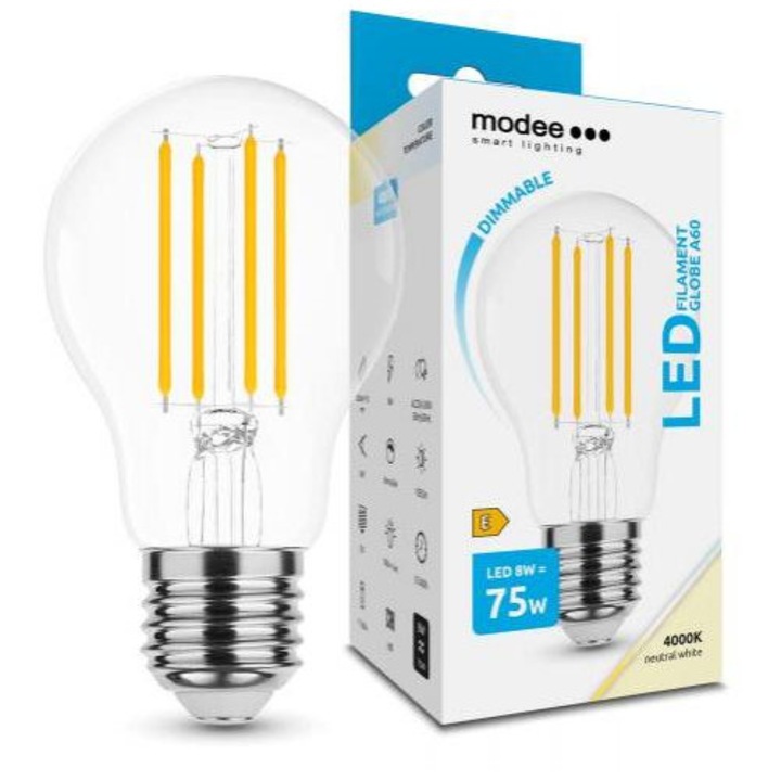 LED lámpa, égő, izzószálas hatás, filament, E27 foglalat, A60, 8 Watt, természetes fehér, dimmelhető, Modee
