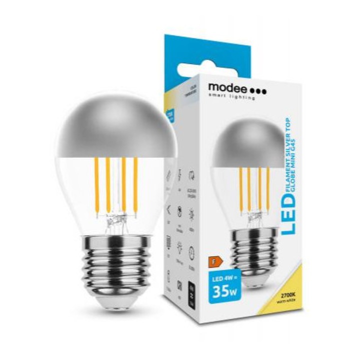 LED lámpa, égő, izzószálas hatás, filament, E27 foglalat, G45, 4 Watt, meleg fehér, Silver Top, Modee