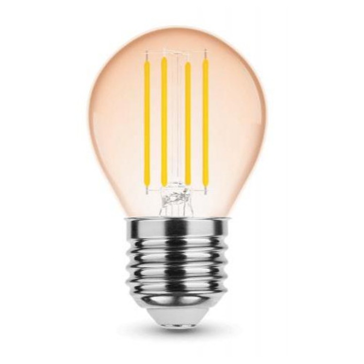 LED лампа, крушка, ефект на нажежаема жичка, filament, фасунга E27, G45, Edison, 4 вата, топло бяла, 1800K, кехлибарено жълта, M