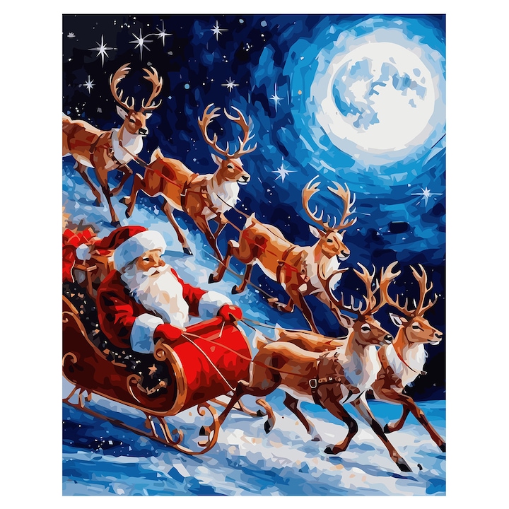 Set pictura pe numere Sania lui Mos Craciun 6204, panza bumbac pe rama lemn, 40x50 cm, tablou cu schita, 3 pensule si vopsea acrilica