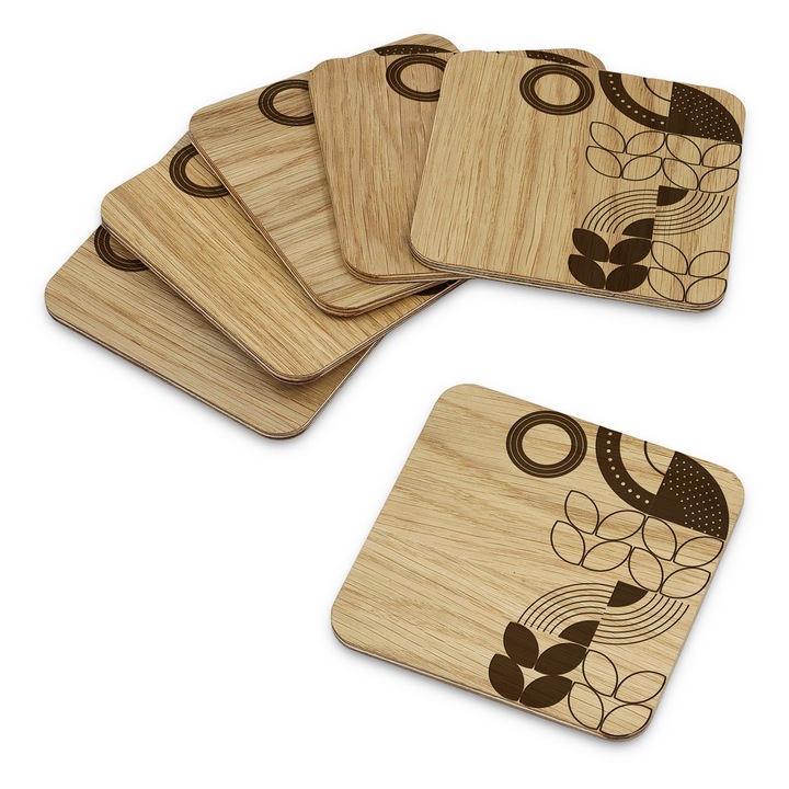 6 darab tölgy rétegelt lemez poháralátét készlet, peewit, virágos gravírozás, geometrikus design, natúr