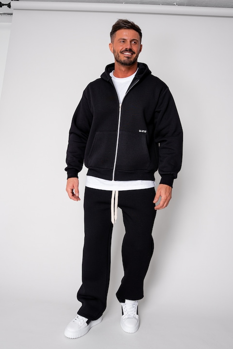 Set Winter CozyWide hanorac cu fermoar si pantalon drept Black 19408, Negru