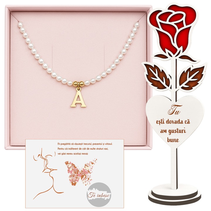 Set Cadou JOYSTOS – Colier cu Perle Naturale Litera A + Trandafir din Lemn 17 cm + Card Razuibil „Te Iubesc” – Cadou Iubita, Sotie, Aniversare