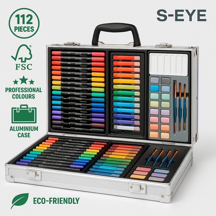 Set complet pictura si desen 112 piese S-Eye – markere, creioane si pensule in geanta metalica premium