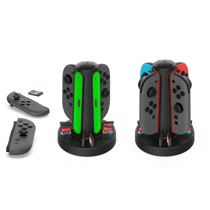 Statie de incarcare pentru Nintendo Switch 2, incarca 4 Joy-Cons, spatiu pentru 6 cartuse, USB-C, 110x110x160mm