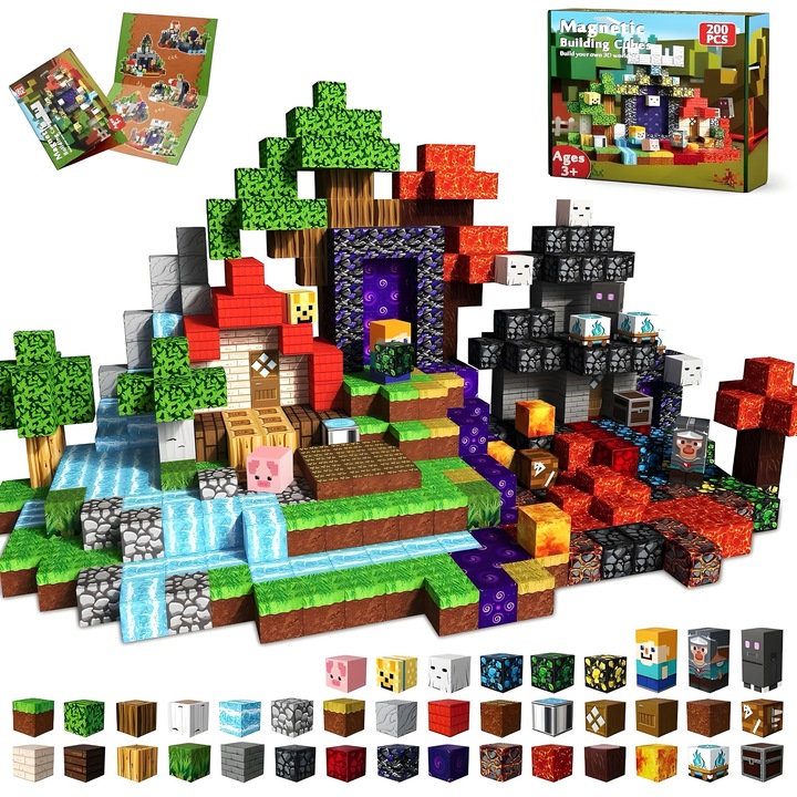 Blocuri magnetice de construcție Orber, 300 piese, copii 3-10 ani, set de jocuri creative cu puzzle 3D, Pădurea Magma