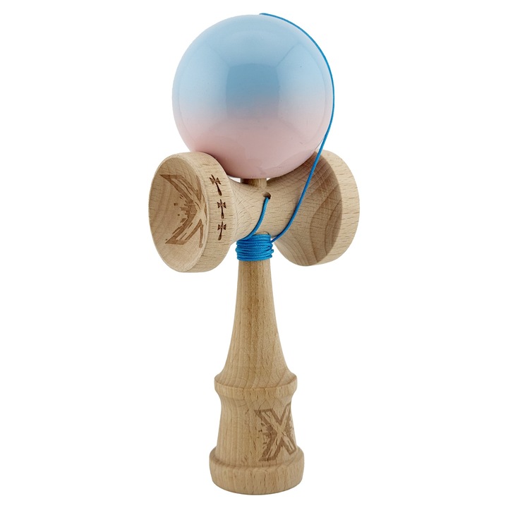 Kendama Profesionala X, Lemn, Super Sticky, Big Cups V2, Albastru deschis/Roz, Ata 55 cm