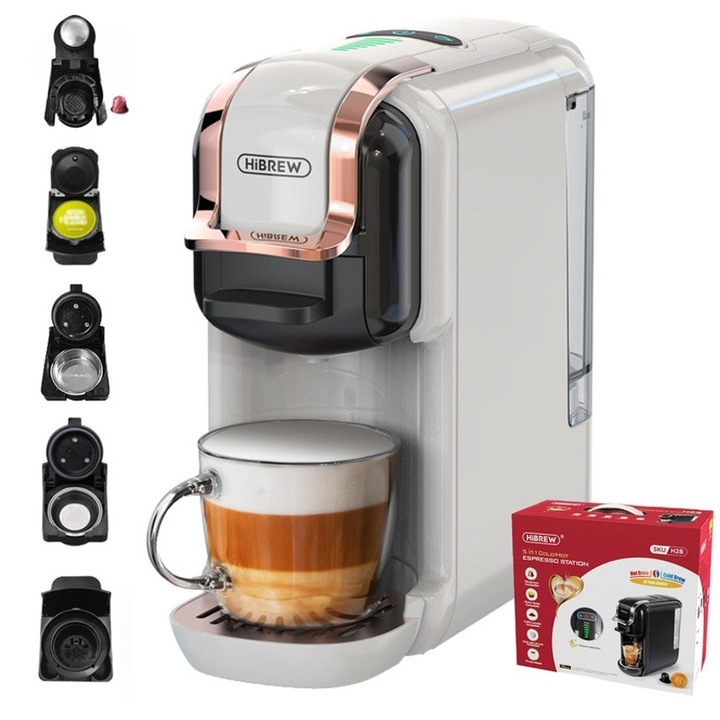 Espressor universal 5in1 HiBREW H2B, 19 bar, 1450W, 600ml, Thermoblock, Compatibil cu capsule Nespresso, Dolce Gusto, KCup, plicurile ESE si cafea macinata, alb
