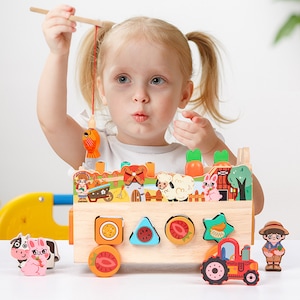 Jucarie educativa Montessori din Lemn 5-in-1 pentru Copii: Ferma cu Sortare Forme, Pescuit, Scoatere Morcovi, Animale & Fructe – Dezvoltare Motrica si Inteligenta 18 luni - 4 Ani