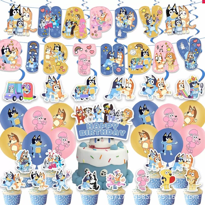 Bluey Set de accesorii pentru petrecerea de aniversare, FomoX, decoratiuni pentru bannere La multi ani, decoratiuni rafinate pentru bannere de ziua de nastere, petrecere de ziua de nastere pentru copii cu tematica Bluey