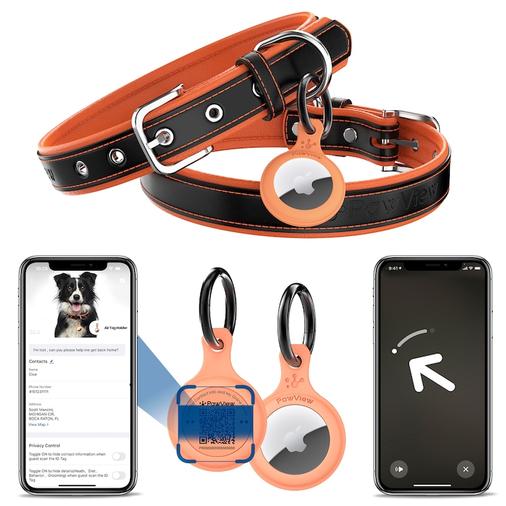 PawView® Zgarda din Piele Naturala pentru Caini S (20mm, 30.5–42cm), cu Suport AirTag si Cod QR Anti-Pierdere, Reglabila si Personalizata, Material Respirabil, Potrivita pentru Caini Mici, Medii si Mari, Portocaliu/Negru