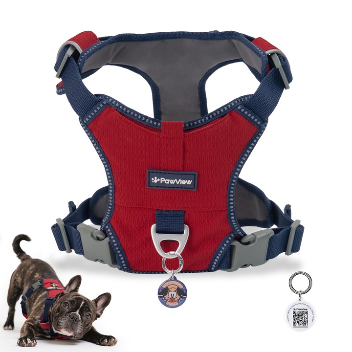 PawView® Ham Ultralight Kutyáknak és Macskáknak, Bordó Piros, Szuperkönnyű Légáteresztő Nylon, Állítható XS–L, QR Smart Anti-elvesztés ID Taggel, Fém D-gyűrűvel, Tartós Csatokkal, Ideális Sétához és Kiképzéshez