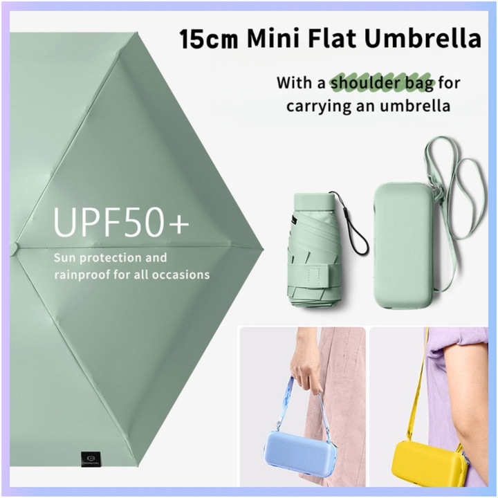 UV защита чадър, Слънце, Мини чадър за пътуване за чанта с калъф Малък компактен лек джобен чадър за жени, деца, включително защитен калъф, ментово зелено