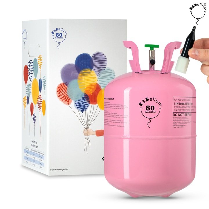 B&Helium – Розова бутилка хелий за 80 балона от 23 см | Премиум хелий за дълготрайно плаване | Включен клапан | Идеална за декорации за партита, рождени дни, сватби и събития