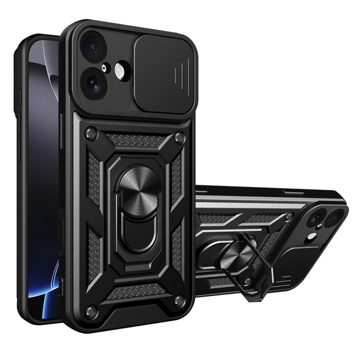 Husa pentru iPhone 17 cu inel rotativ 360 Daden, Camshield series, Hybrid Antisoc, Slider pentru protectia camerei, Negru