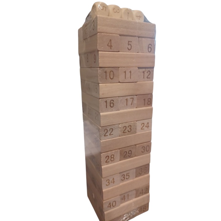 Joc Jenga Cu Numere, 48 Piese Din Lemn Numerotate, 4 Zaruri, Turn De 24 cm Inaltime, Baza Patrat De 6.5 cm, Vision XXI