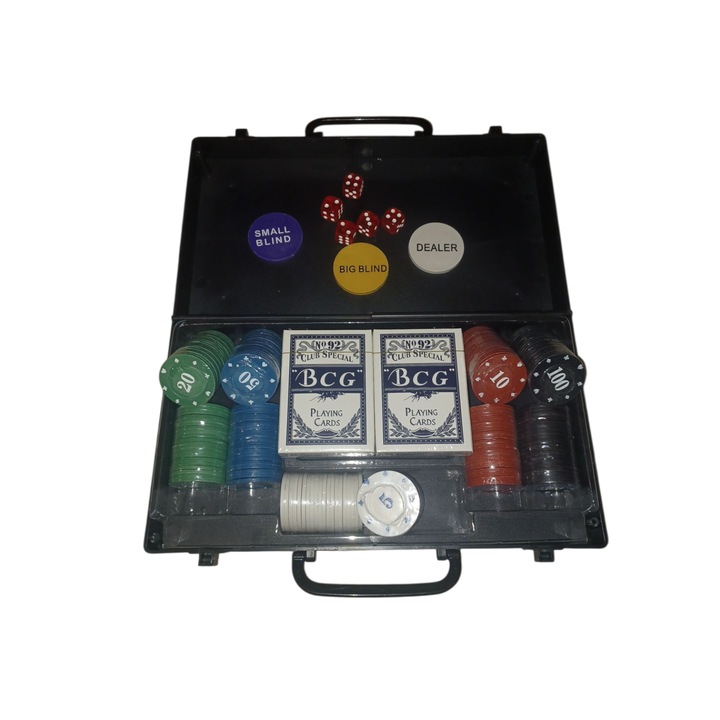 Комплект за игра на покер в пластмасова кутия с 2 дръжки, Vision XXI, 2 чифта карти за игра 6.5x9cm, 5 червени зара 1.5cm, 5 x 40 чипа с номинал 4cm, 3 чипа за роля 4.5cm