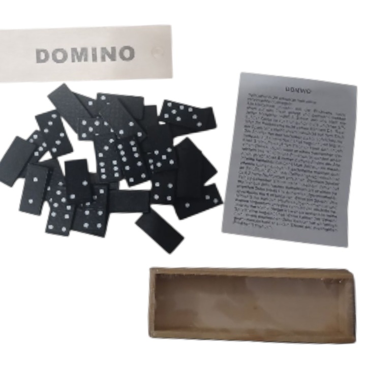 Dominó Játék Fa Dobozban, 28 Fekete Festett Fa Darab Fehér Pontokkal, Vision XXI, Darab Mérete 2 x 3.7 cm