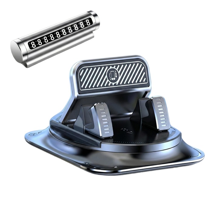 Set 2 in 1 Suport Telefon Auto Rotativ 360° si Placuta Numar Telefon Parcare Temporara, Fixare Bord cu Ventuza in 5 Straturi, Anti-Alunecare, Compatibil cu orice Smartphone, Negru/Argintiu