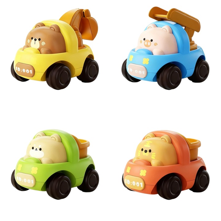 Set 4 Masinute de Constructie cu Animale - Urs, Porc, Caine, Tigru, Inertia, 9 luni+