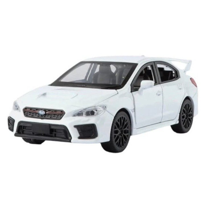 Masinuta metalica mecanica, Subaru WRX STI 2020, scara 1:32, sunete, usi mobile, capota mobila, portbagaj mobil, alb, 15 cm