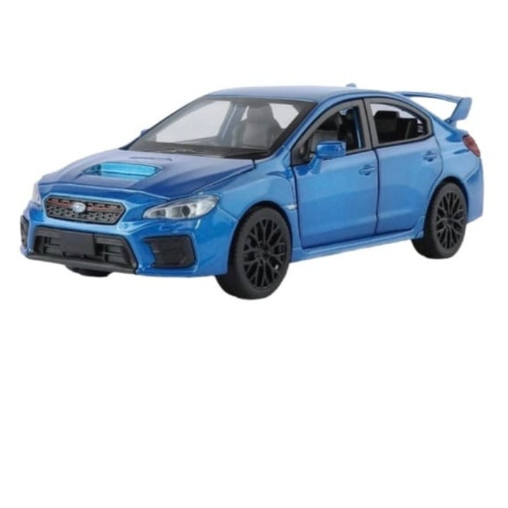Masinuta metalica mecanica, Subaru WRX STI 2020, scara 1:32, sunete, usi mobile, capota mobila, portbagaj mobil, albastru, 15 cm