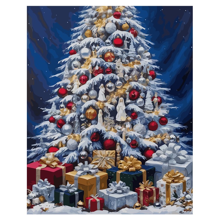 Set pictura pe numere Brad de Craciun 6205, panza bumbac pe rama lemn, 40x50 cm, tablou cu schita, 3 pensule si vopsea acrilica