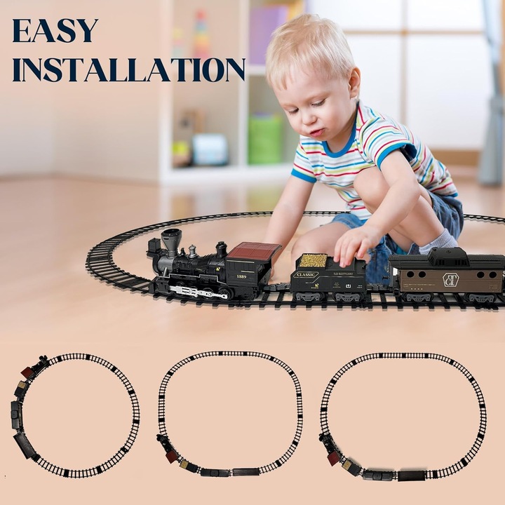 Trenulet Electric Western de Jucarie cu Viteza Variabila, Locomotiva si 3 Vagoane, Vintage, Sunete si Lumini, Telecomanda, 16 Traverse Sine, pentru baieti si fete, bebeLOGIC™