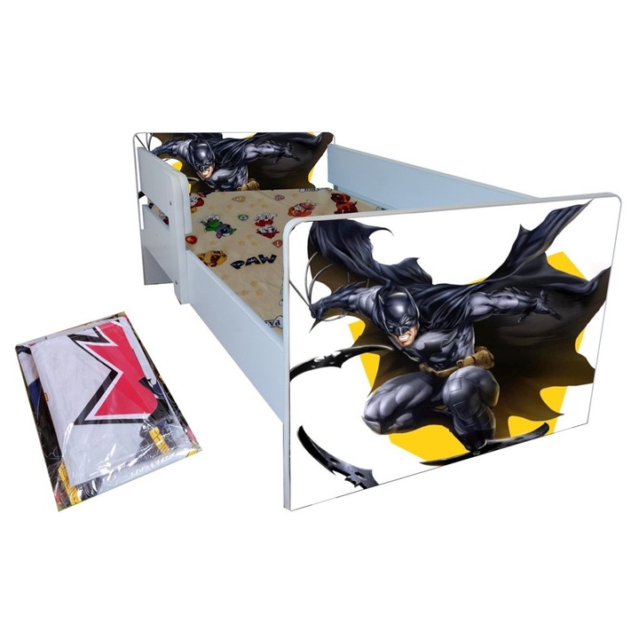 Pat copii Batman, 144x76 cm, saltea inclusa, lenjerie inclusa