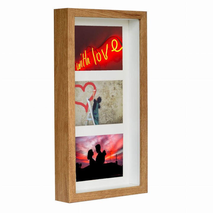 Rama foto 3D set pentru 3 poze 10x15 cm sau 1 poza 18x35 cm, culoare stejar, dimensiuni 20x37x4.7 cm