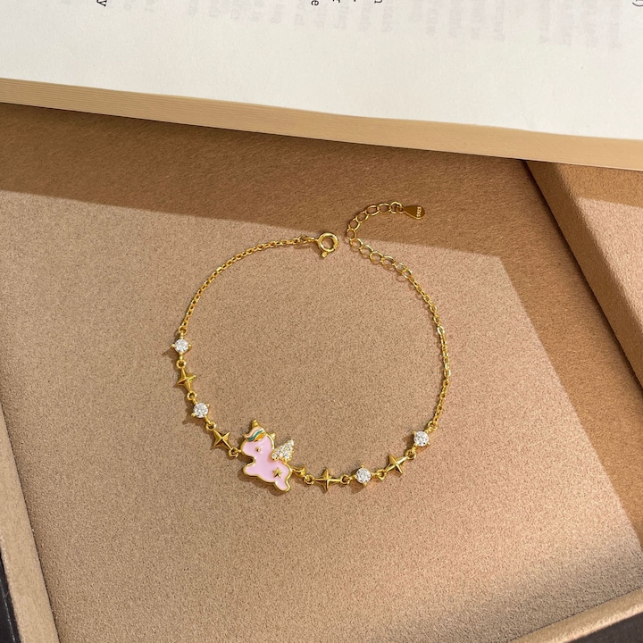 Colier din argint sterling cu unicorn curcubeu, 9 cm, culoare aurie