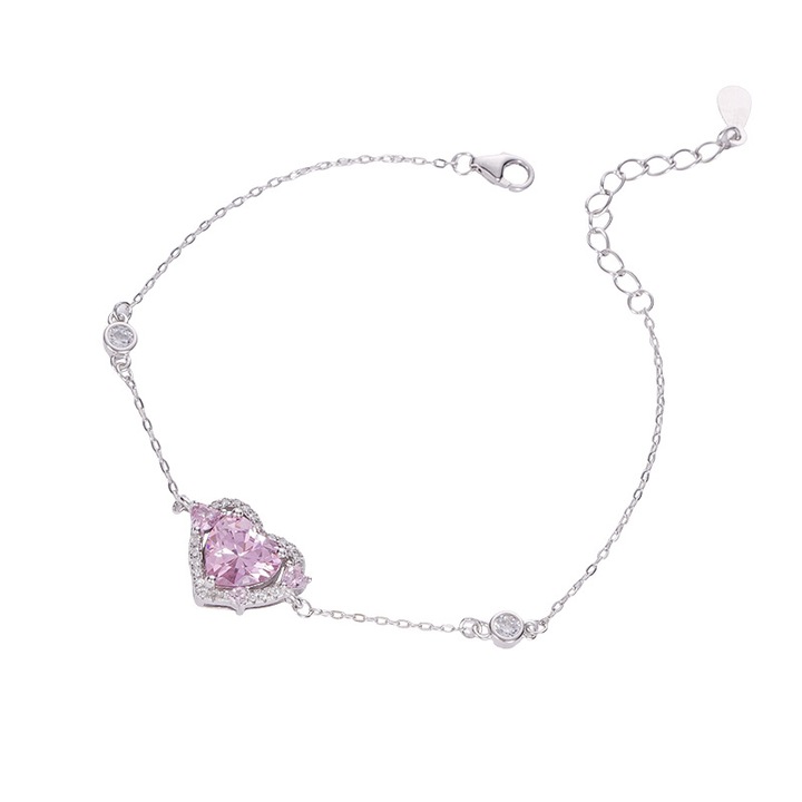 Гривна от стерлингово сребро Tichy S925, розов диамант Guardian Heart, инкрустация с кубичен цирконий, 19 см