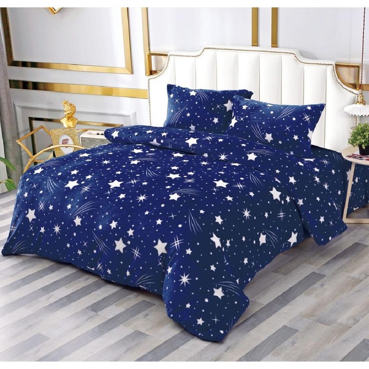 Lenjerie de pat Cocolino, set 4 piese, albastru cu stelute albe, 180x200cm