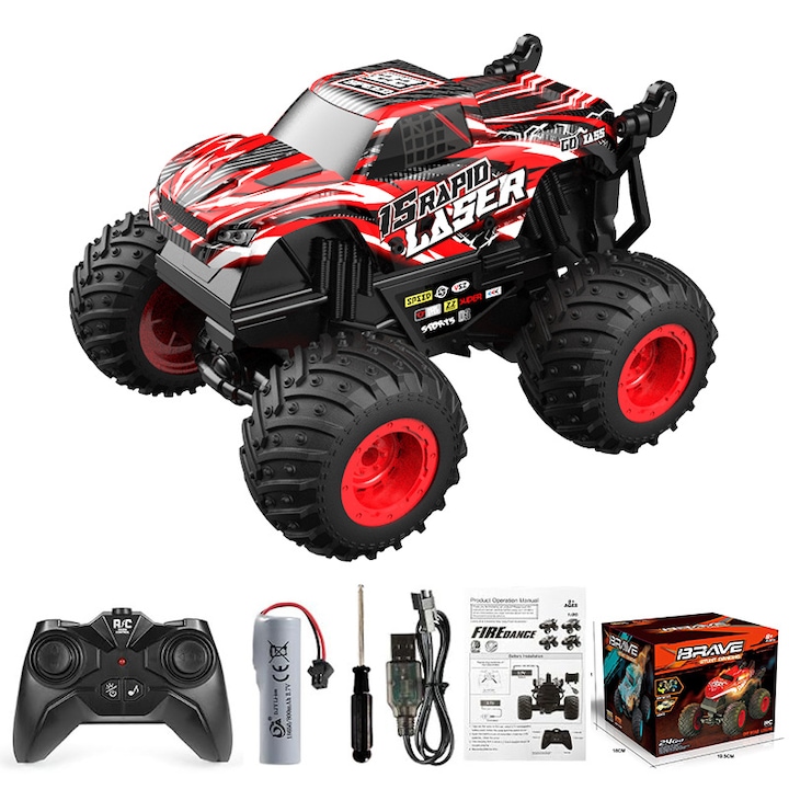 Monster Truck kisautó, 1:20, piros, fényekkel és zenével, távirányítós autókészlet
