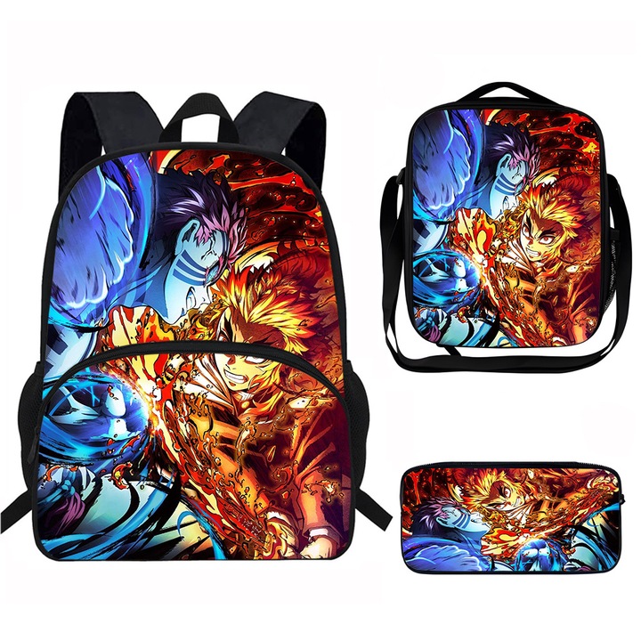 Set ghiozdan pentru studenti (3 piese: ghiozdan + suport pentru pixuri + geanta pentru pranz), capacitate mare, model desen animat, 29x15.5x39cm