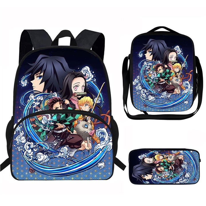 Set ghiozdan pentru studenti (3 piese: ghiozdan + suport pentru pixuri + geanta pentru pranz), capacitate mare, model desen animat, 29x15.5x39cm