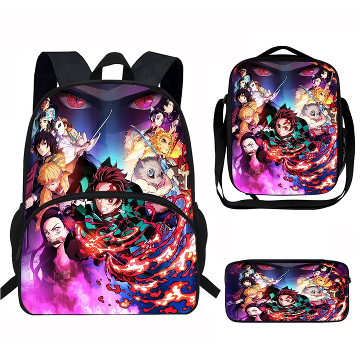 Set ghiozdan pentru studenti (3 piese: ghiozdan + suport pentru pixuri + geanta pentru pranz), capacitate mare, model desen animat, 29x15.5x39cm