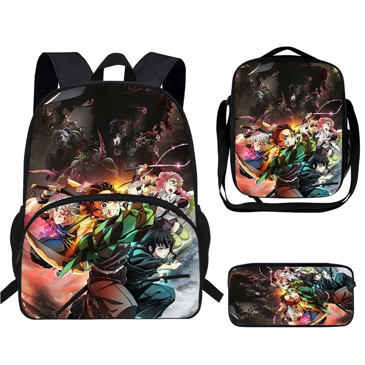 Set ghiozdan pentru studenti (3 piese: ghiozdan + suport pentru pixuri + geanta pentru pranz), capacitate mare, model desen animat, 29x15.5x39cm