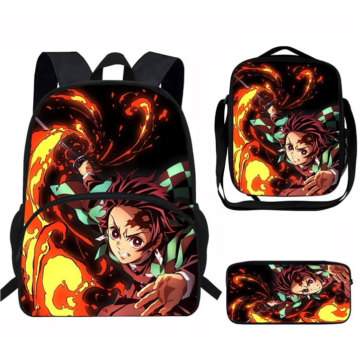 Set ghiozdan pentru studenti (3 piese: ghiozdan + suport pentru pixuri + geanta pentru pranz), capacitate mare, model desen animat, 29x15.5x39cm